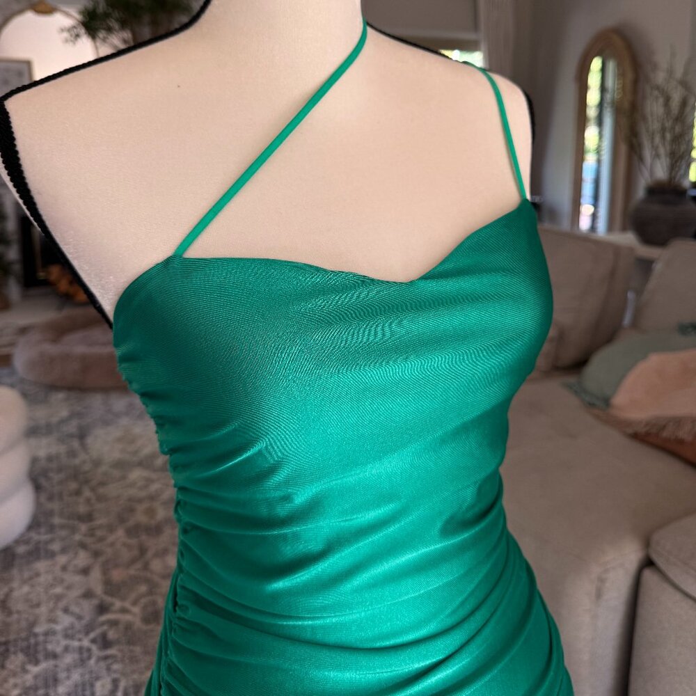 Emerald Green Rushed Midi Cocktail Dress - Picture 3 of 3